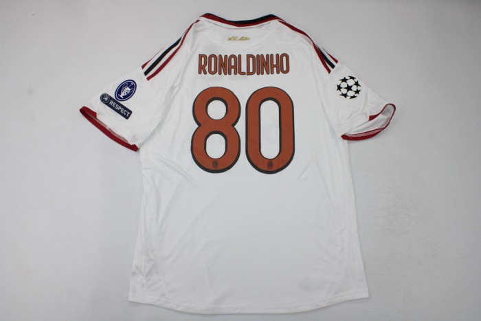 with UCL Patch Retro Jersey 2009-2010 Ac Milan 80 RONALDINHO Away White Soccer Jersey Vintage Football Shirt