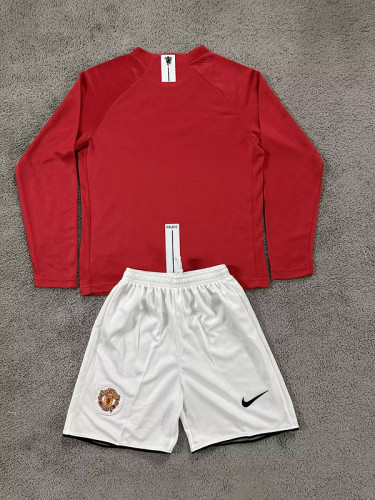 with Front Lettering Long Sleeve Retro Youth Uniform Kids Kit 2007-2008 Manchester United UCL Final Home Soccer Jersey Shorts Vintage Child Football Set