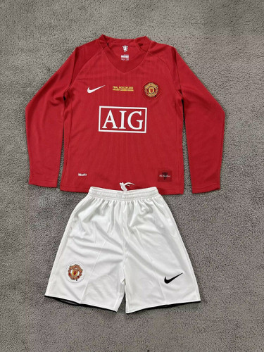 with Front Lettering Long Sleeve Retro Youth Uniform Kids Kit 2007-2008 Manchester United UCL Final Home Soccer Jersey Shorts Vintage Child Football Set