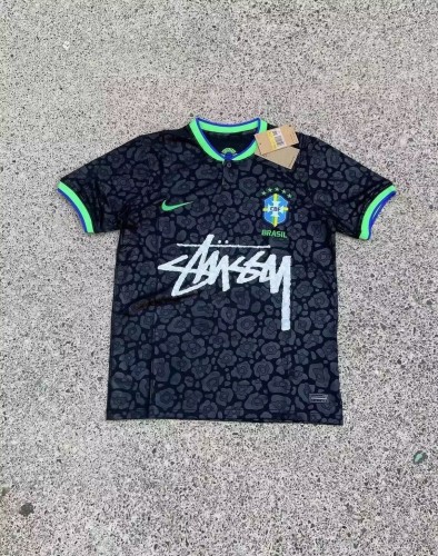 with STUSY Signed Version Brazil Black/Green Soccer Jersey Brasil Camisetas de Futbol