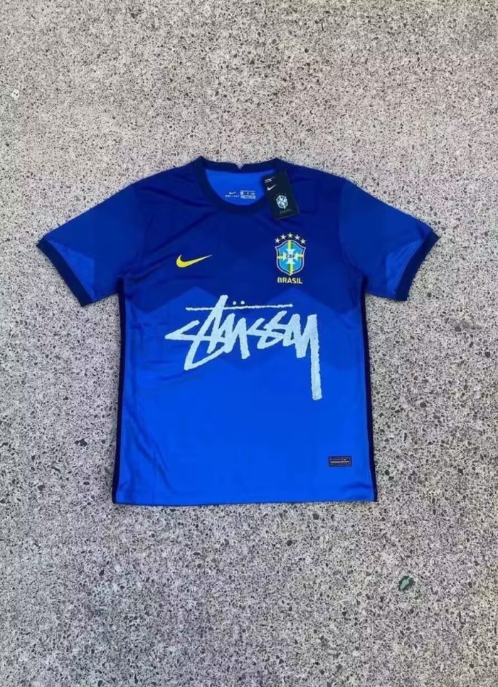 with STUSY Signed Version Brazil Away Blue Soccer Jersey Brasil Camisetas de Futbol
