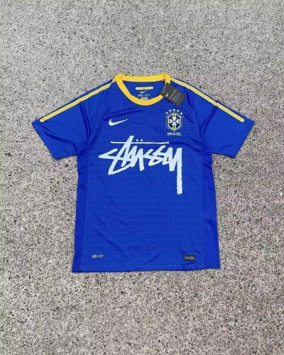 with STUSY Signed Version Brazil Blue Soccer Jersey Brasil Football Shirt