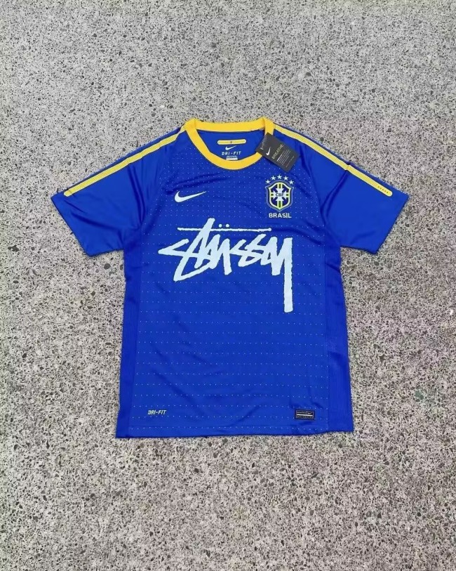 with STUSY Signed Version Brazil Blue Soccer Jersey Brasil Football Shirt