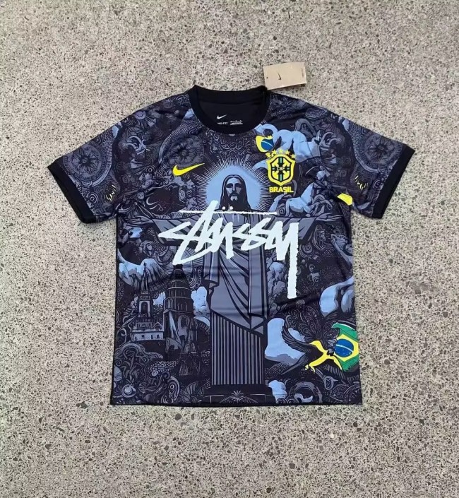 with STUSY Signed Version 2024 Brazil Black Jesus Special Edition Soccer Jersey Brasil Football Shirt