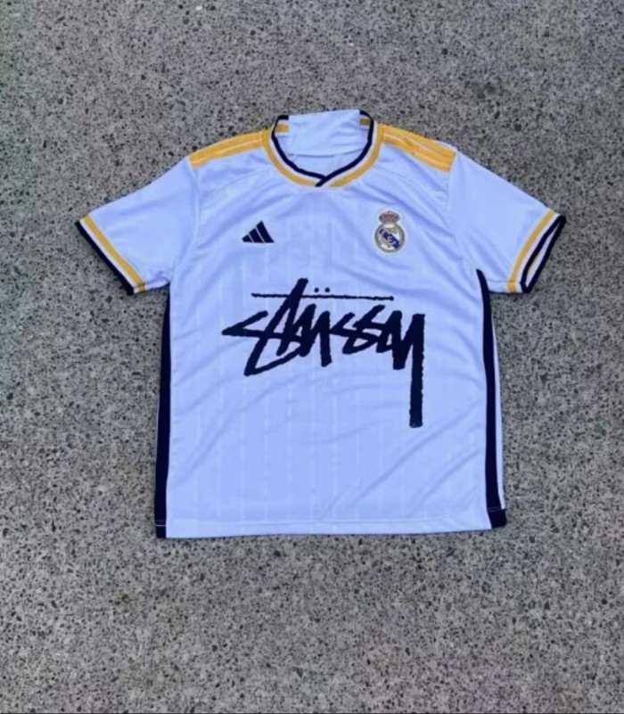 with STUSY Signed Version Real Madrid White Soccer Jersey Real Football Shirt