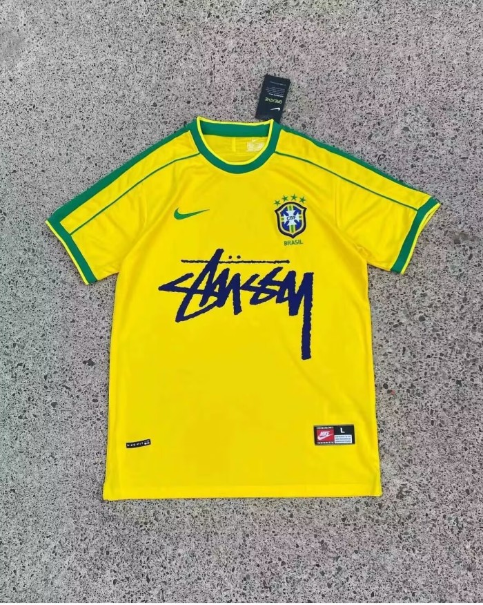 with STUSY Signed Version Brazil Yellow Soccer Jersey Brasil Camisetas de Futbol