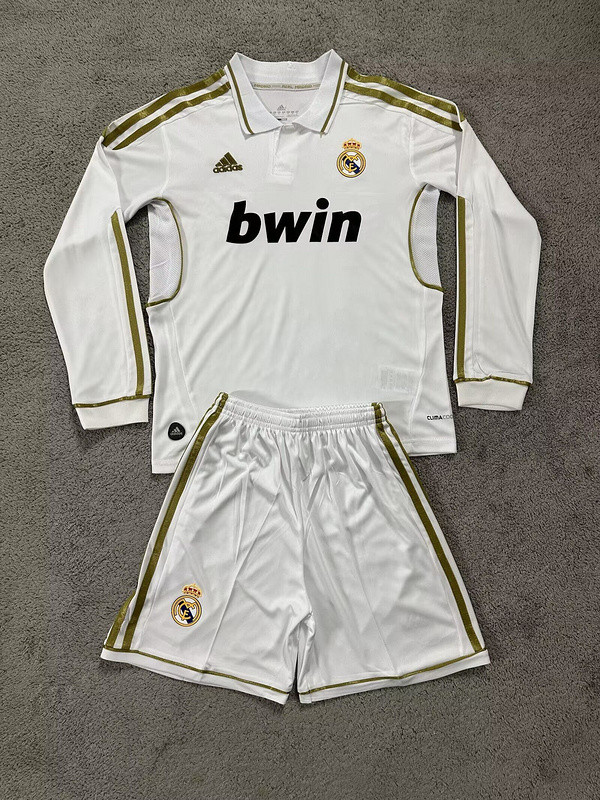 Retro Jersey Long Sleeve Youth Uniform Kids Kit 2011-2012 Real Madrid Home Soccer Jersey Shorts Child Football Set
