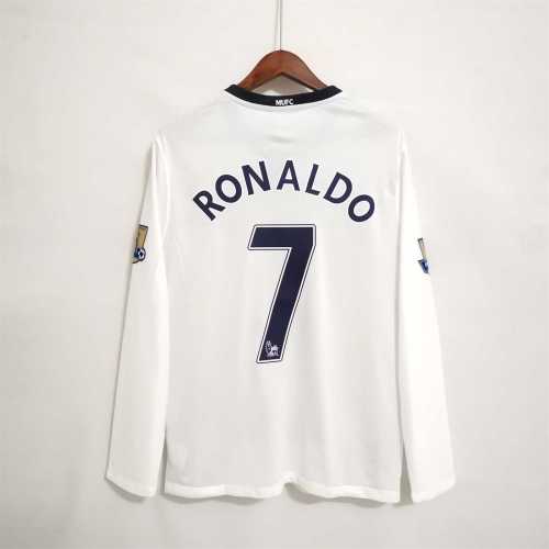 with Golden EPL Patch Retro Jersey Long Sleeve 2008-2009 Manchester United RONALDO 7 Away White Soccer Jersey Vintage Football Shirt