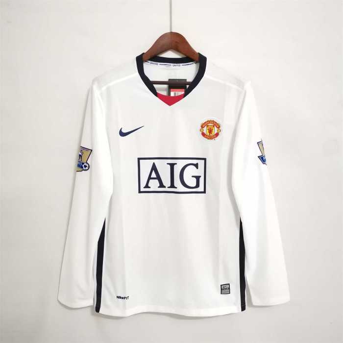 with Golden EPL Patch Retro Jersey Long Sleeve 2008-2009 Manchester United RONALDO 7 Away White Soccer Jersey Vintage Football Shirt