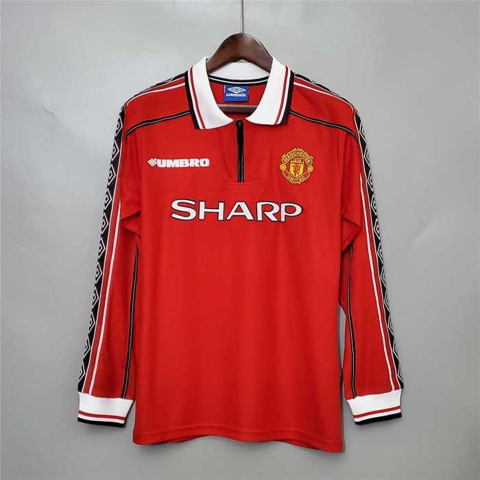 with EPL Patch Long Sleeve Retro Jersey 1998-1999 Manchester United BECKHAM 7 Home Soccer Jersey Vintage Football Shirt