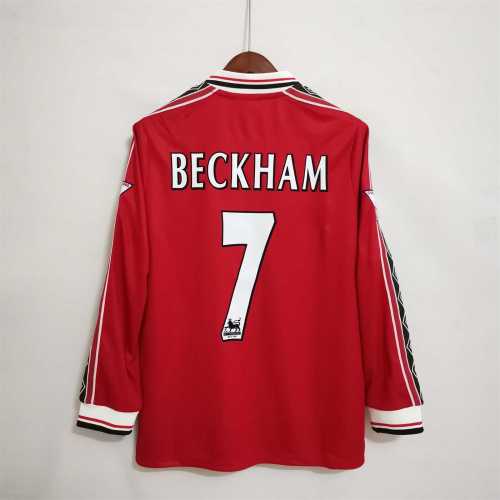 with EPL Patch Long Sleeve Retro Jersey 1998-1999 Manchester United BECKHAM 7 Home Soccer Jersey Vintage Football Shirt