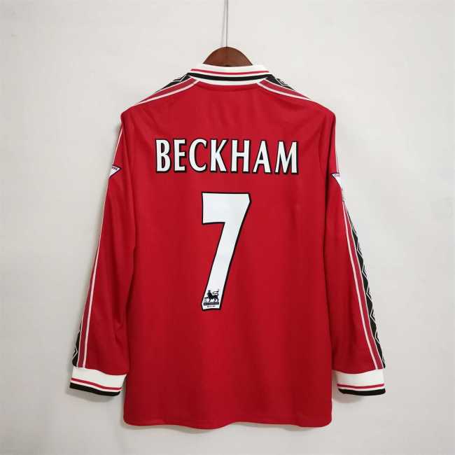 with EPL Patch Long Sleeve Retro Jersey 1998-1999 Manchester United BECKHAM 7 Home Soccer Jersey Vintage Football Shirt