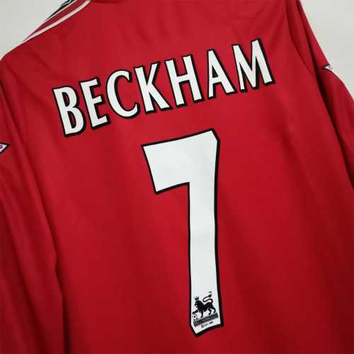 with EPL Patch Long Sleeve Retro Jersey 1998-1999 Manchester United BECKHAM 7 Home Soccer Jersey Vintage Football Shirt
