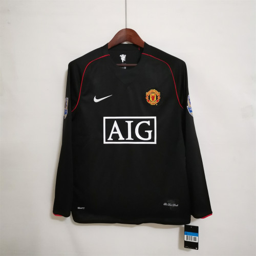 with Golden EPL Patch Long Sleeve Retro Jersey 2007-2008 Manchester United 3rd Away Black Soccer Jersey