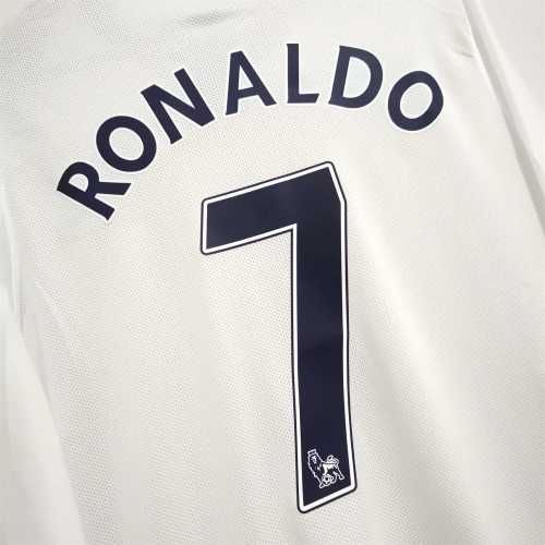 with Golden EPL Patch Retro Jersey Long Sleeve 2008-2009 Manchester United RONALDO 7 Away White Soccer Jersey Vintage Football Shirt