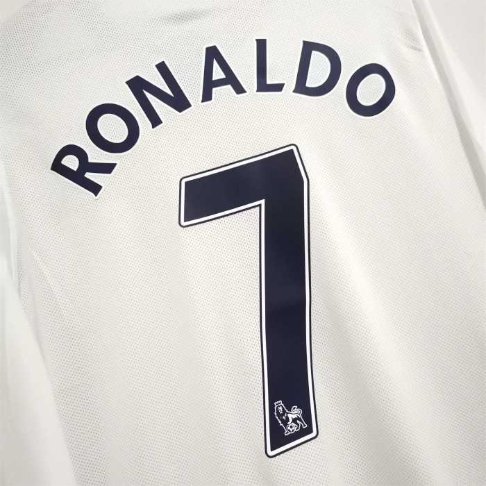with Golden EPL Patch Retro Jersey Long Sleeve 2008-2009 Manchester United RONALDO 7 Away White Soccer Jersey Vintage Football Shirt