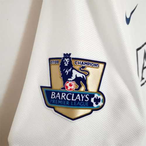 with Golden EPL Patch Retro Jersey Long Sleeve 2008-2009 Manchester United Away White Soccer Jersey Vintage Football Shirt