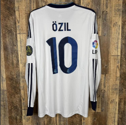 with LFP+110 Anniversary Patch Retro Jersey Long Sleeve 2012-2013 Real Madrid OZIL 10 Home Soccer Jersey
