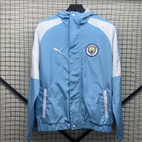 with Caps 2024 Manchester City Blue/White Soccer Reversible Windbreaker Jacket