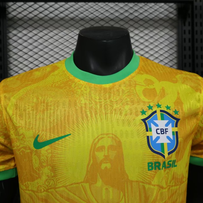 Player Version 2025 Brazil Yellow Jesus Soccer Jersey Brasil Football Shirt