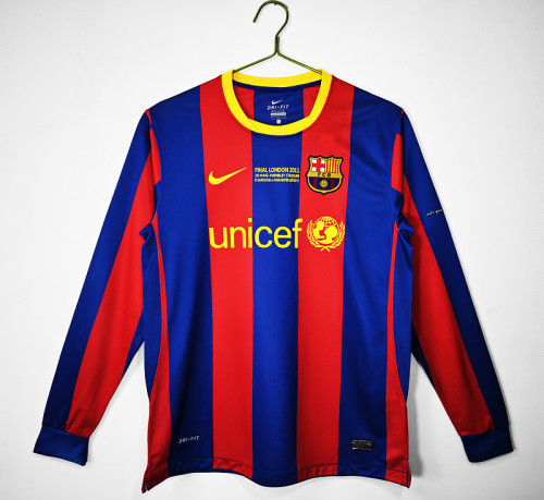 with Front Lettering Long Sleeve Retro Jersey Barcelona 2010-2011 UCL Final Home Soccer Jersey Vintage Football Shirt