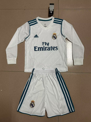 Retro Jersey Long Sleeve Youth Uniform Kids Kit 2017-2018 Real Madrid Home Soccer Jersey Shorts Child Football Set