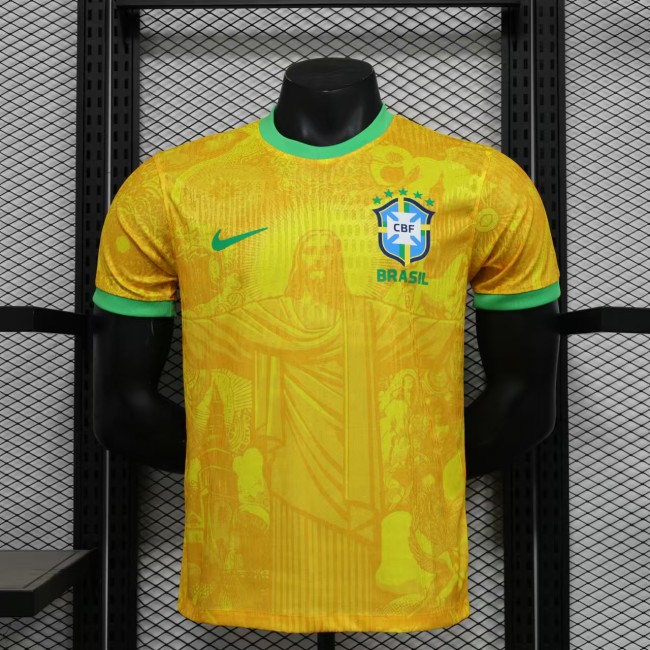 Player Version 2025 Brazil Yellow Jesus Soccer Jersey Brasil Football Shirt