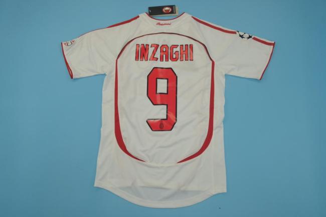 with UCL Patch+Front Lettering Retro Jersey 2006-2007 Ac Milan INZAGHI 9 Champions League Away White Soccer Jersey