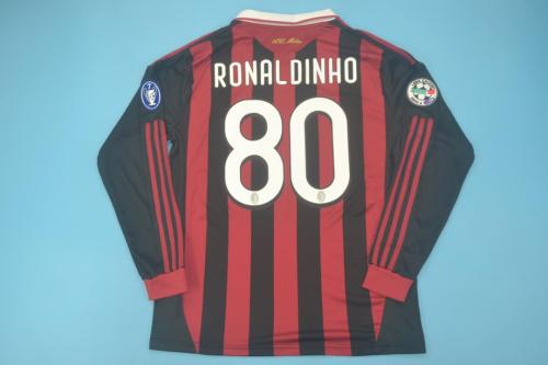 with Front Lettering+Front Patch+Serie A patch+Trophy 7 Patch Retro Jersey Long Sleeve 2009-2010 AC Milan RONALDINHO 80 Home Soccer Jersey