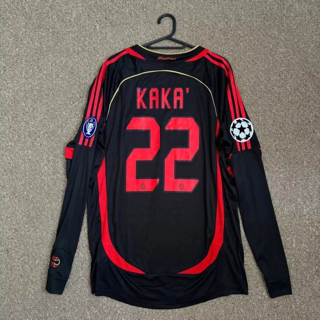 with UCL Patch Retro Jersey 2006-2007 AC Milan KAKA' 22 Long Sleeve Third Away Black Soccer Jersey