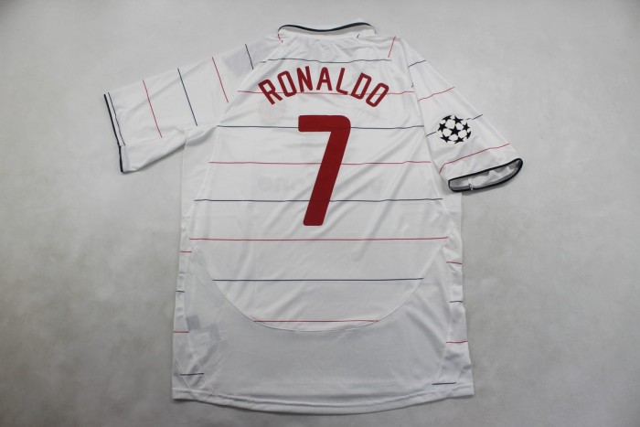 with UCL Patch Retro Jersey 2003-2005 Manchester United RONALDO 7 Away White Soccer Jersey Man U Vintage Football Shirt