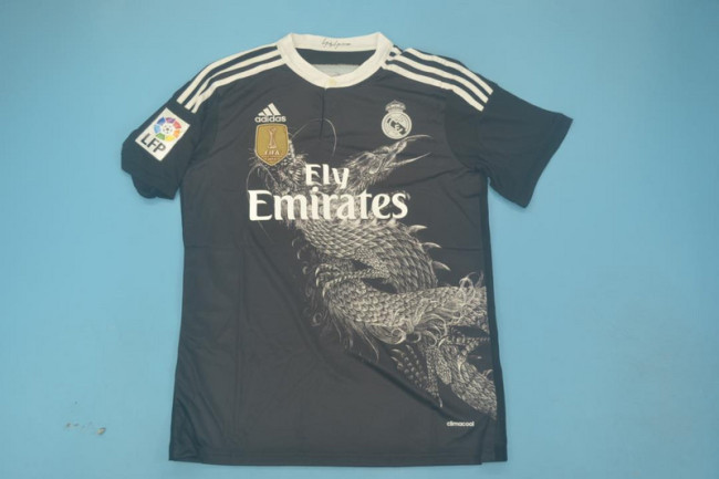 with Golden FIFA+Big LFP Patch Retro Jersey 2014-2015 Real Madrid Third Away Black Soccer Jersey Vintage Football Shirt