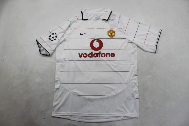 with UCL Patch Retro Jersey 2003-2005 Manchester United Away White Soccer Jersey Man U Vintage Football Shirt