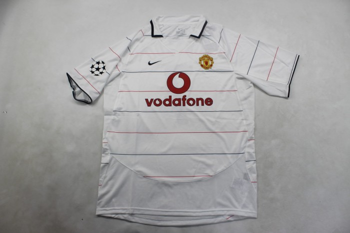 with UCL Patch Retro Jersey 2003-2005 Manchester United Away White Soccer Jersey Man U Vintage Football Shirt