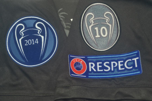 with Golden FIFA+UCL Patch Retro Jersey 2014-2015 Real Madrid ISCO 23 Third Away Black Soccer Jersey Vintage Football Shirt