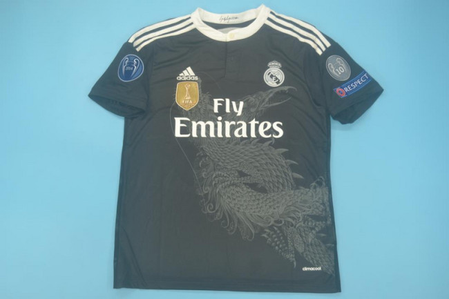 with Golden FIFA+UCL Patch Retro Jersey 2014-2015 Real Madrid Third Away Black Soccer Jersey Vintage Football Shirt