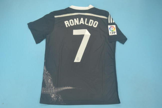 with Golden FIFA+Big LFP Patch Retro Jersey 2014-2015 Real Madrid RONALDO 7 Third Away Black Soccer Jersey Vintage Football Shirt