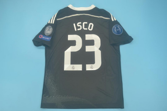 with Golden FIFA+UCL Patch Retro Jersey 2014-2015 Real Madrid ISCO 23 Third Away Black Soccer Jersey Vintage Football Shirt