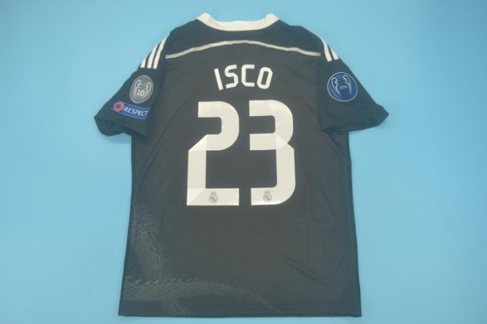 with Golden FIFA+UCL Patch Retro Jersey 2014-2015 Real Madrid ISCO 23 Third Away Black Soccer Jersey Vintage Football Shirt