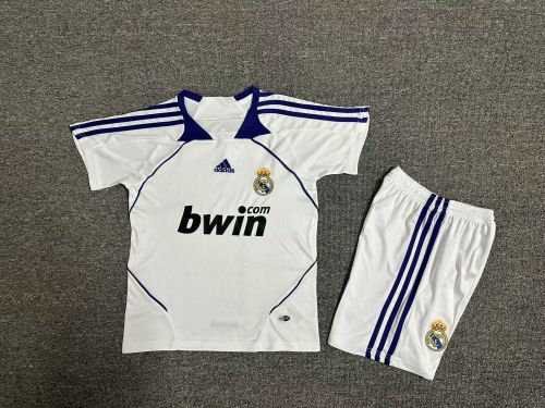Retro Youth Uniform Kids Kit 2007-2008 Real Madrid Home Soccer Jersey Shorts Vintage Child Football Set