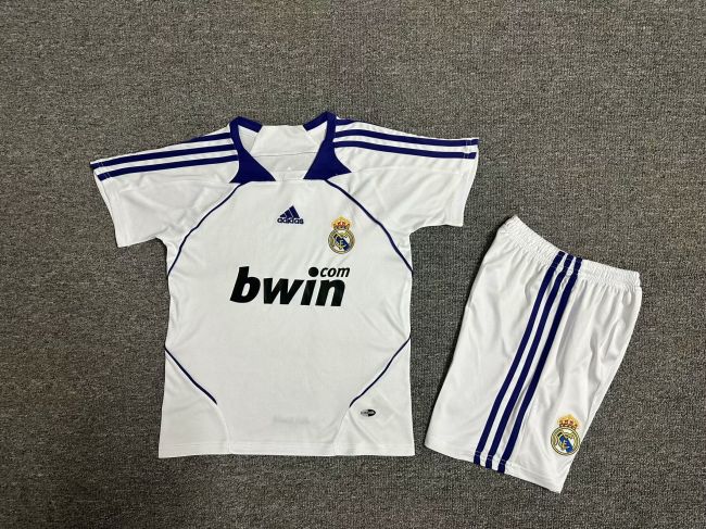 Retro Youth Uniform Kids Kit 2007-2008 Real Madrid Home Soccer Jersey Shorts Vintage Child Football Set