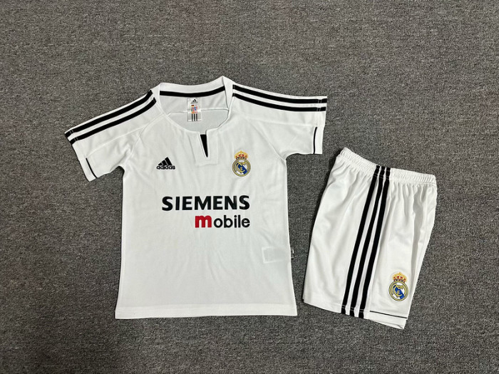 Retro Youth Uniform Kids Kit 2003-2004 Real Madrid Home Soccer Jersey Shorts Vintage Child Football Set