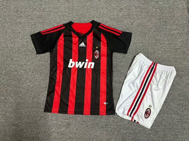 Retro Youth Uniform Kids Kit 2008-2009 AC Milan Home Soccer Jersey Shorts Vintage Child Football Set