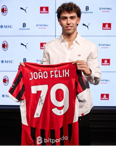 with bitpanda Logo Fan Version 2024-2025 AC Milan JOAO FELIX 79 Home Soccer Jersey AC Football Shirt