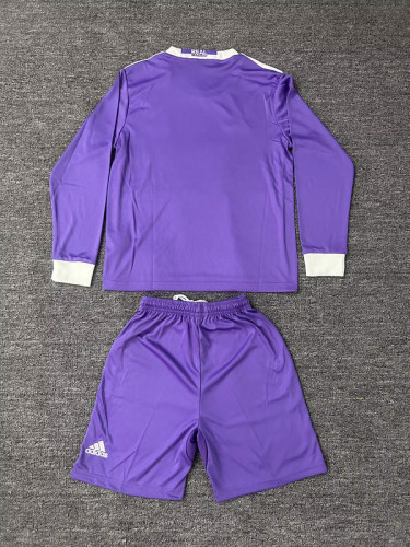 Retro Jersey Long Sleeve Youth Uniform Kids Kit 2016-2017 Real Madrid Away Purple Soccer Jersey Shorts Child Football Set