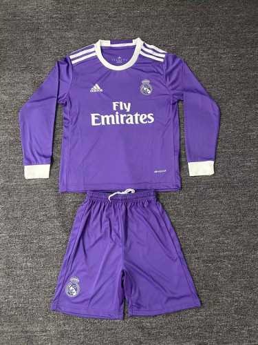 Retro Jersey Long Sleeve Youth Uniform Kids Kit 2016-2017 Real Madrid Away Purple Soccer Jersey Shorts Child Football Set