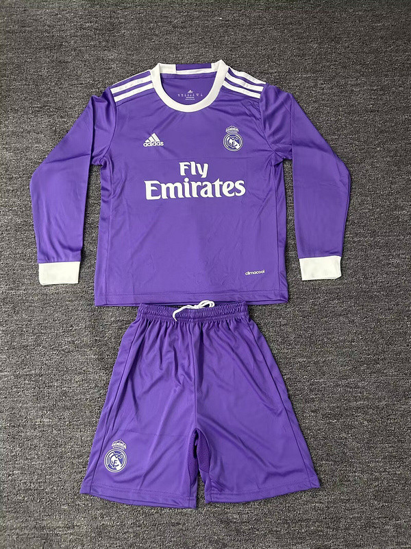 Retro Jersey Long Sleeve Youth Uniform Kids Kit 2016-2017 Real Madrid Away Purple Soccer Jersey Shorts Child Football Set