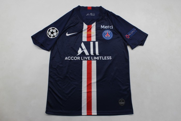 with Front Lettering+UCL Patch Retro Jersey 2019-2020 PSG Home Soccer Jersey Vintage Paris Football Shirt
