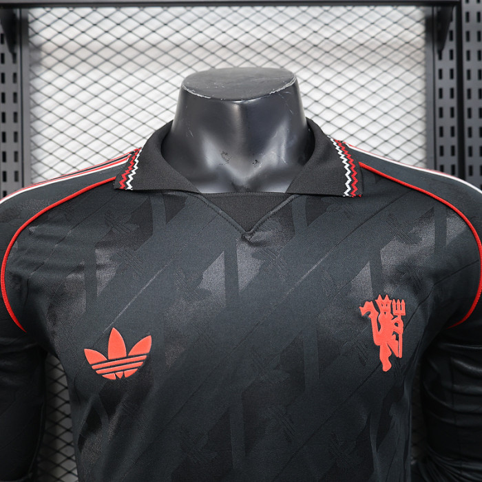 Long Sleeve Retro Model 2024-2025 Manchester United Black Cotton Soccer Jersey Football Top