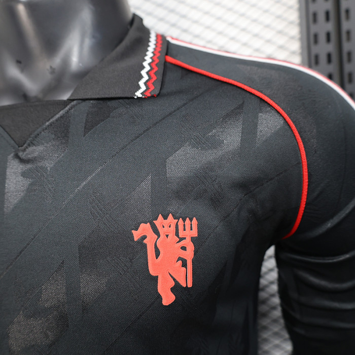 Long Sleeve Retro Model 2024-2025 Manchester United Black Cotton Soccer Jersey Football Top